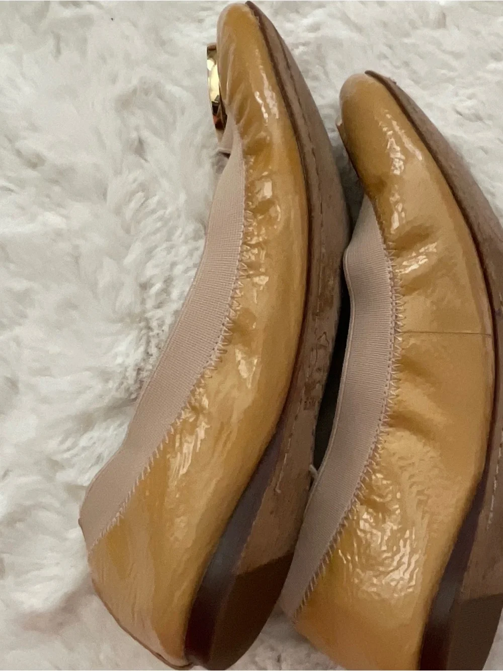 Tory Burch Patent Leather Ballet Flats in Mustard with Gold Logo